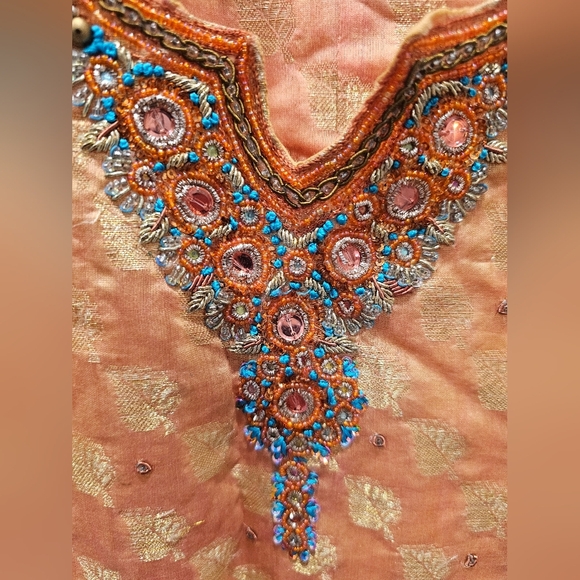 "XL Peach Gold Embroidered Kurti Tunic Dress Beaded Ethnic Boho Festival Wear" - Picture 3 of 10